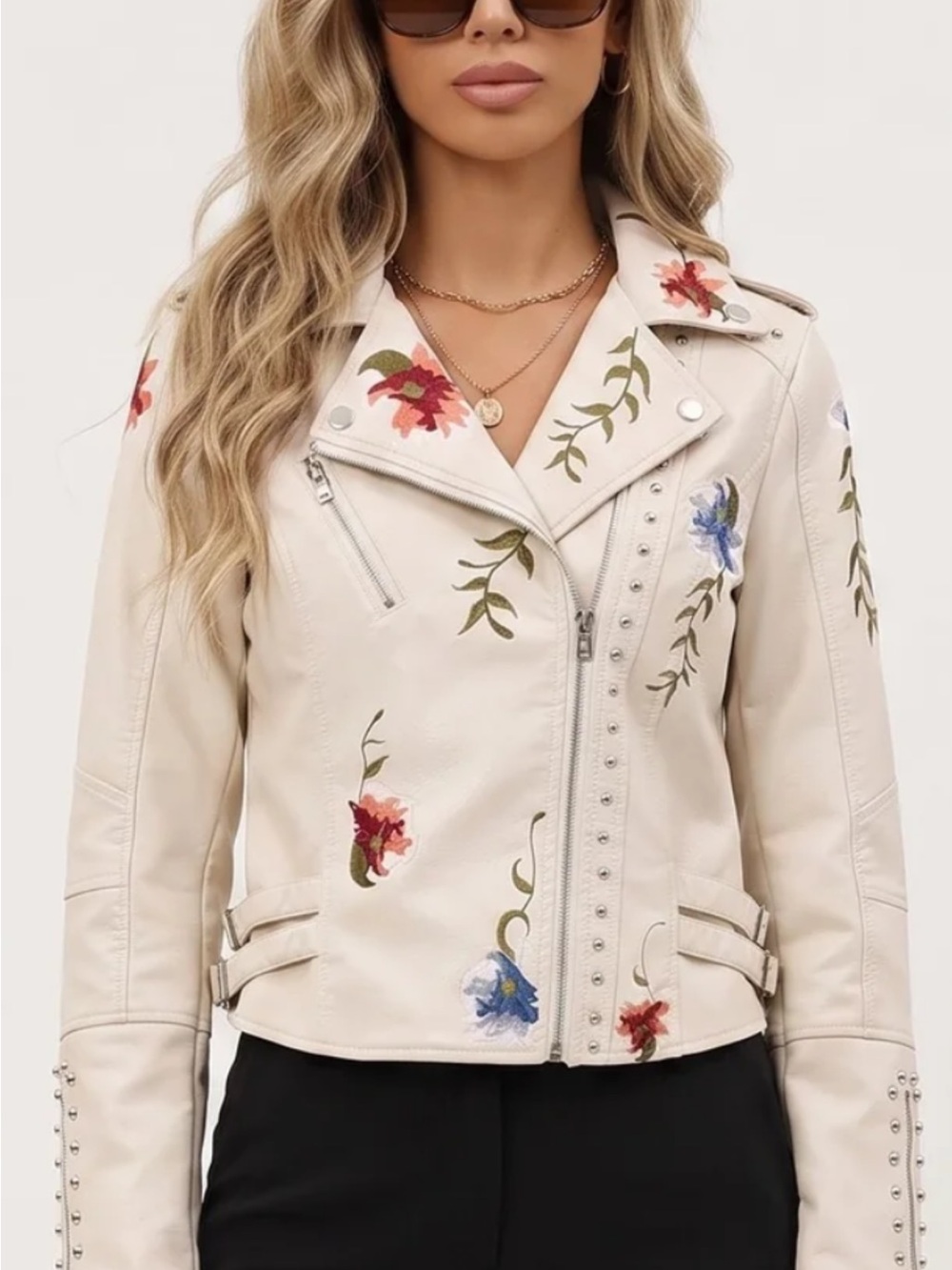 Embroidered Cream Floral Moto Jacket